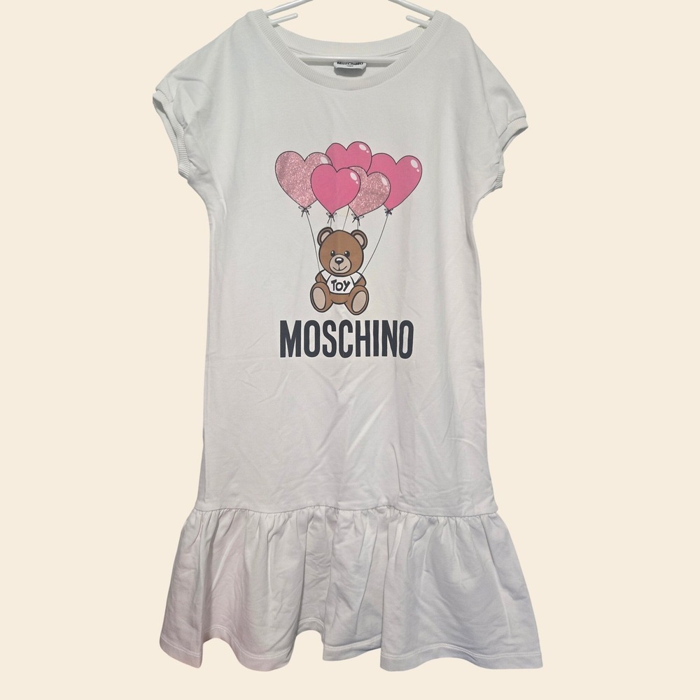 Moschino Kids White Toy Bear Heart Balloon Ruffle T-Shirt Dress Size 14yrs